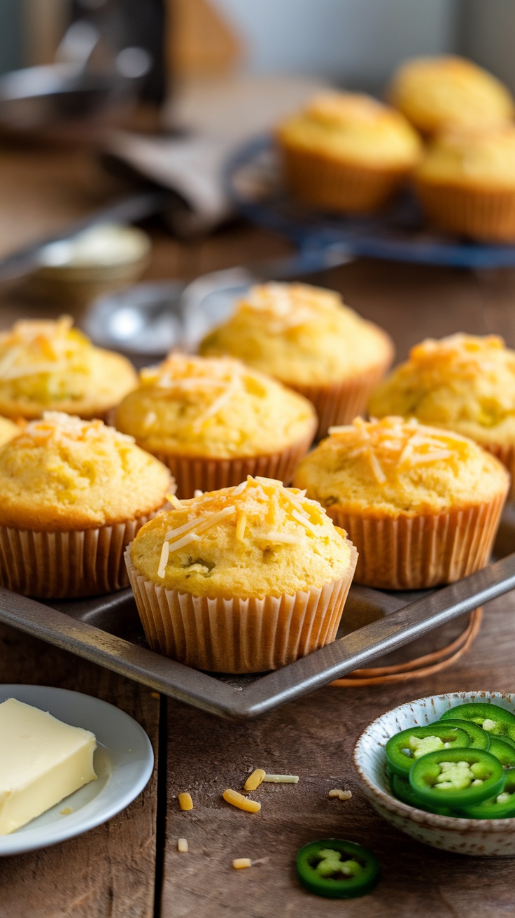 Golden brown low-carb jalapeño cornbread muffins on a wooden table with jalapeño slices and butter.